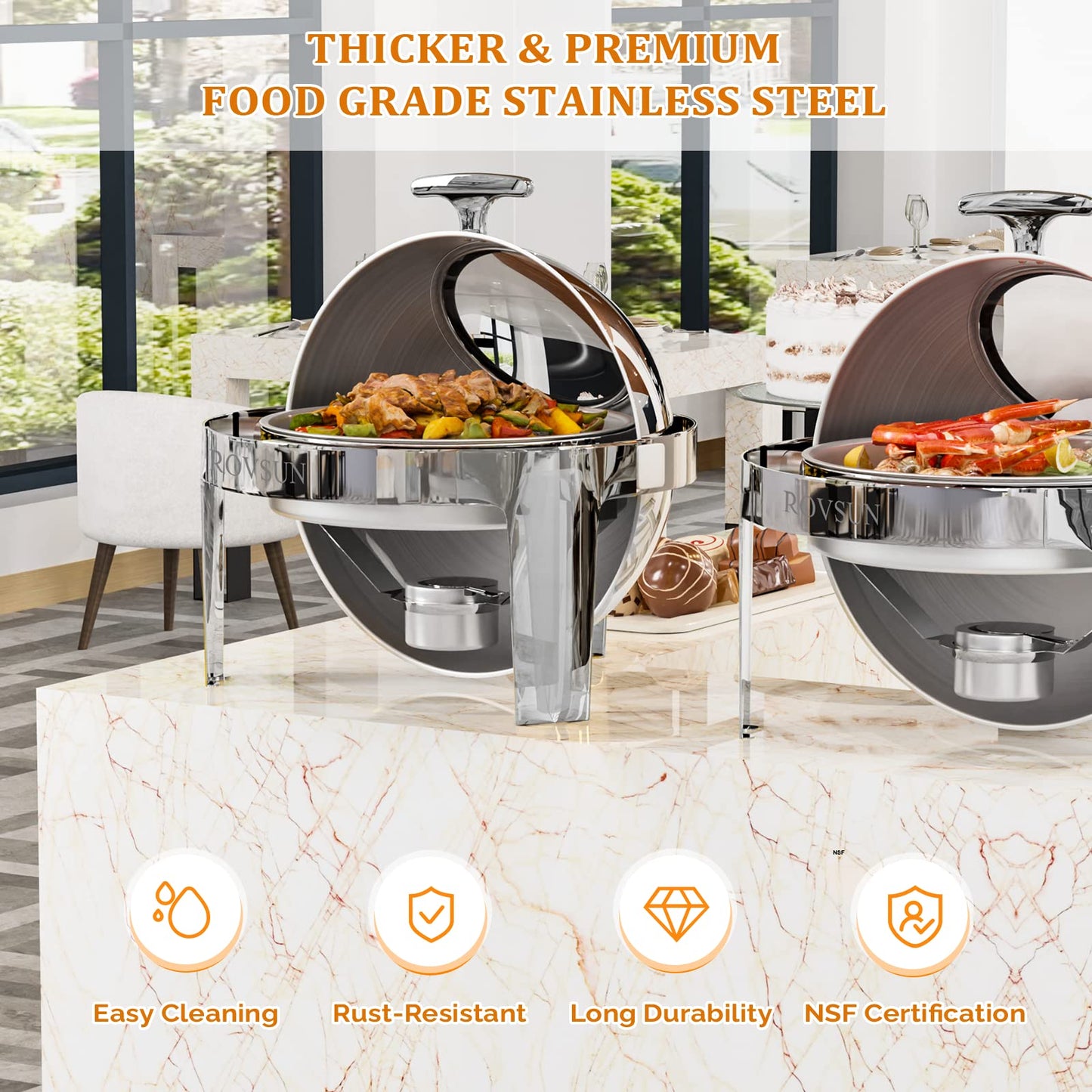 ROVSUN Roll Top Chafing Dish Buffet Set,6 QT Round Stainless Steel Chafer for Catering,Buffet Servers and Warmers Set with Glass Window for Weddings Party