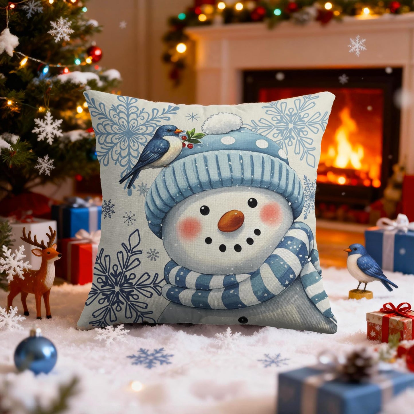 Smozenith Winter Pillow Covers 18X18 Set of 2, Blue Snowman Bird Snowflakes Decorative Throw Pillowcases Outdoor Holiday Seasonal Farmhouse Cushion Cases Couch Sofa Bed Decor