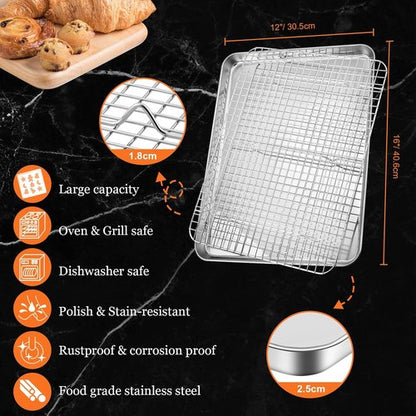 Leonyo Jelly Roll Pan Set - Nonstick Baking Sheet with Cooling Rack | 16 x 12 Inch, 2 Trays + 2 Racks