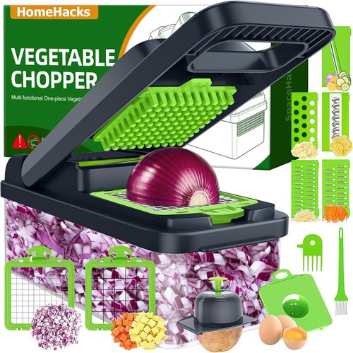 HomeHacks Vegetable Chopper - 12-in-1 Multi-Functional Kitchen Gadget with Dicer, Slicer & Grater (Green)