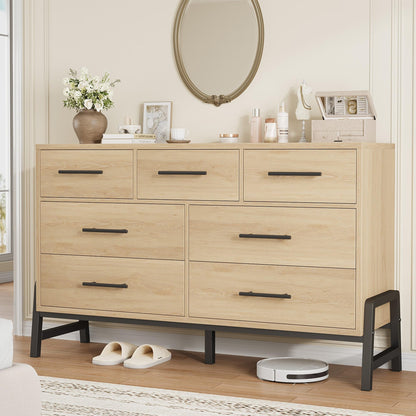 Garvee 7 Drawer Dresser, Freestanding 52 in Wide Drawer Dresser with Storage for Bedroom, Wooden Closet Storage Chest for Living Room, Natural Oak