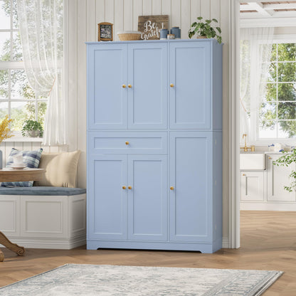 HOSTACK 68" Tall Kitchen Pantry Storage Cabinet, Modern Kitchen Hutch Cabinet with Doors and Shelves, Freestanding Food Pantry with Large Storage Drawer for Dining Room, Living Room, Light Blue