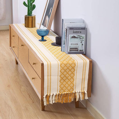 14 90 Inches, Boho Table Runner with Tassels x Yellow & Cream | Woven Washable Console Table / Dresser Runner