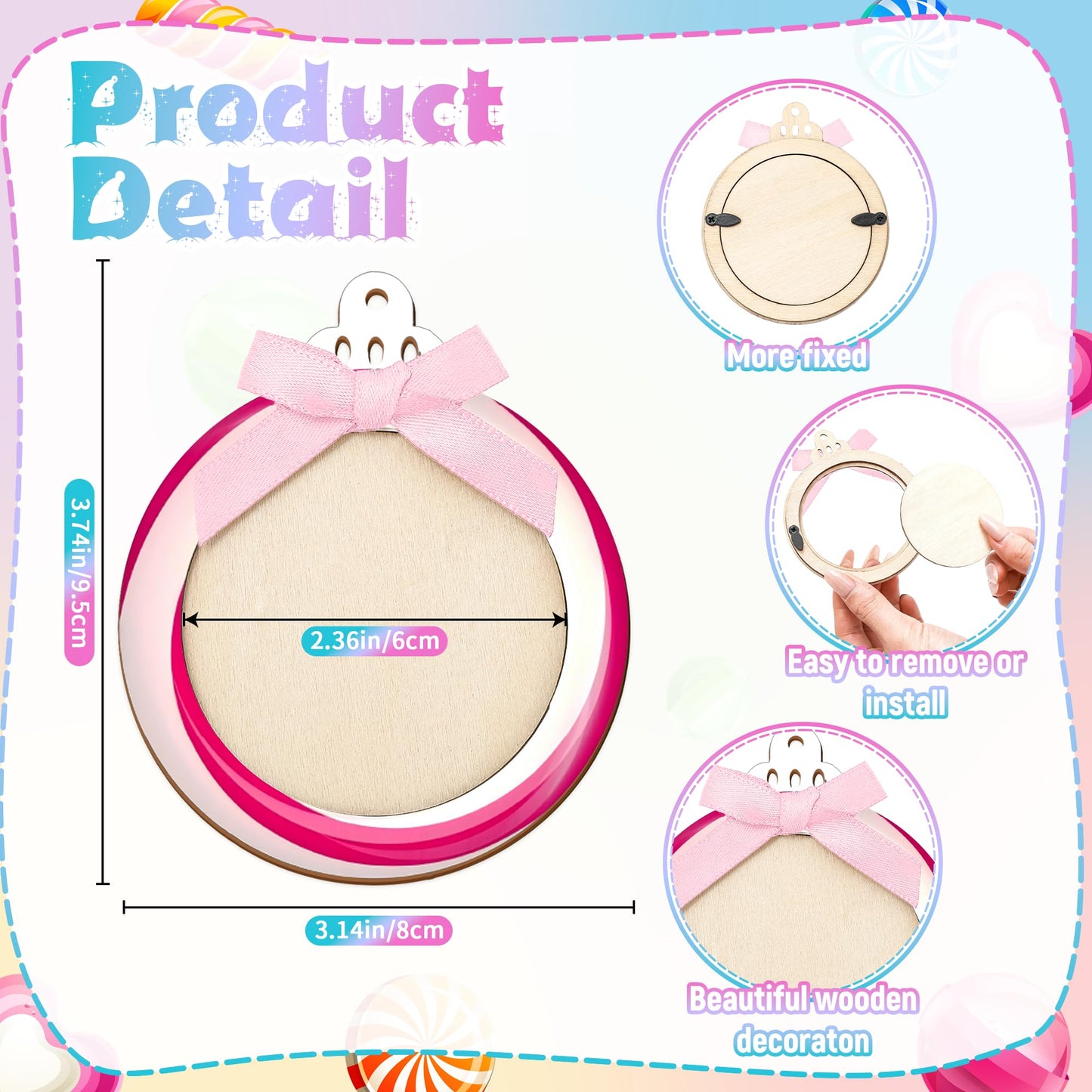 24 Pcs Wooden Candyland Photo Frame Ornaments, Picture Ornaments for Hanging, Candyland Decorations & Stockings Decor, DIY Keepsakes for Candyland Party (Macaron)