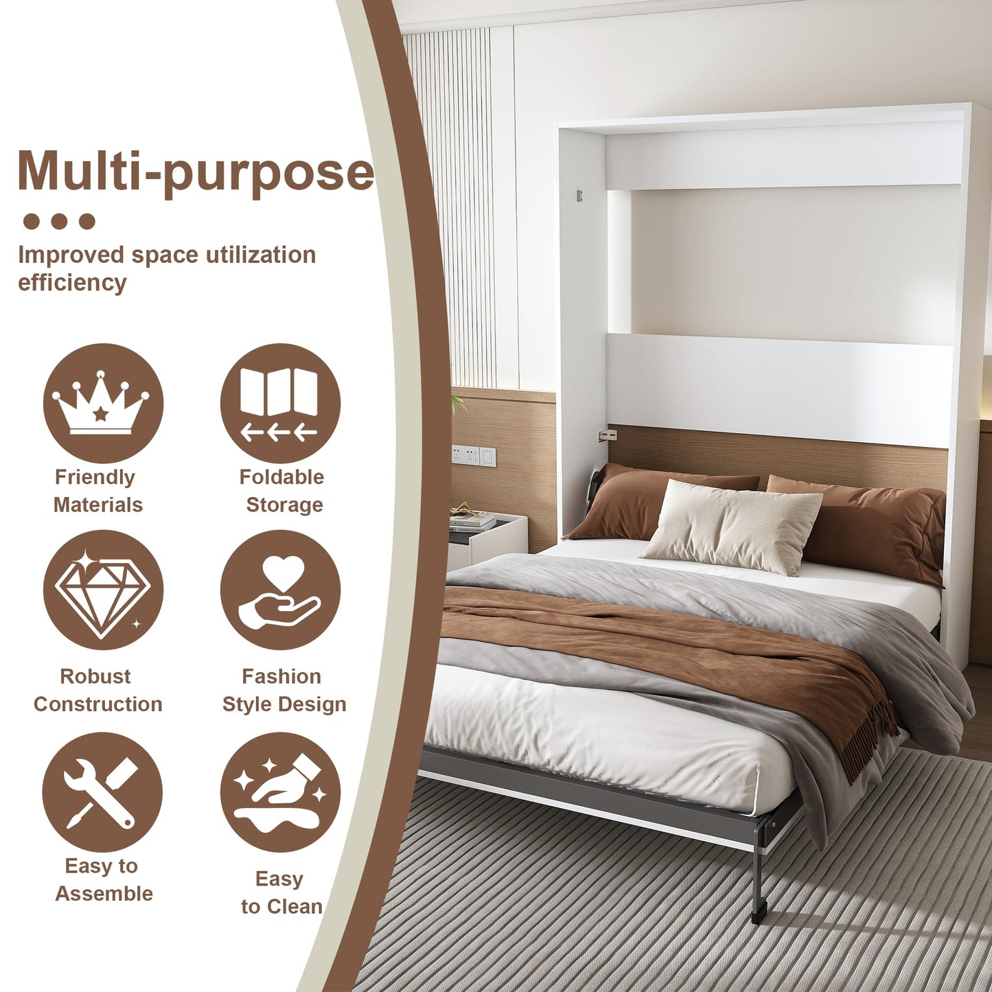 KEIKI Queen Size Murphy Bed Chest, Sapce Saving Folding Cabinet Wall Bed Frame, Foldable Hideaway Cabinets Platform Beds Frames for Apartment Bedroom Guest Room, Wood Slats Support, White