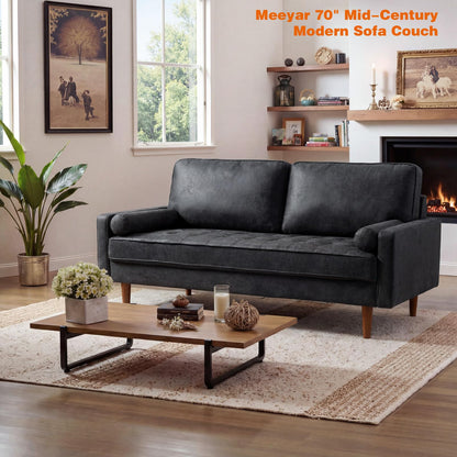 Meeyar 70" Mid-Century Modern Sofa Couch – Faux Leather Loveseat Sofa with Deep Seat & Solid Wood Frame – Includes 2 Accent Pillows – Black Living Room Bedroom Office (Black, 70 inches)