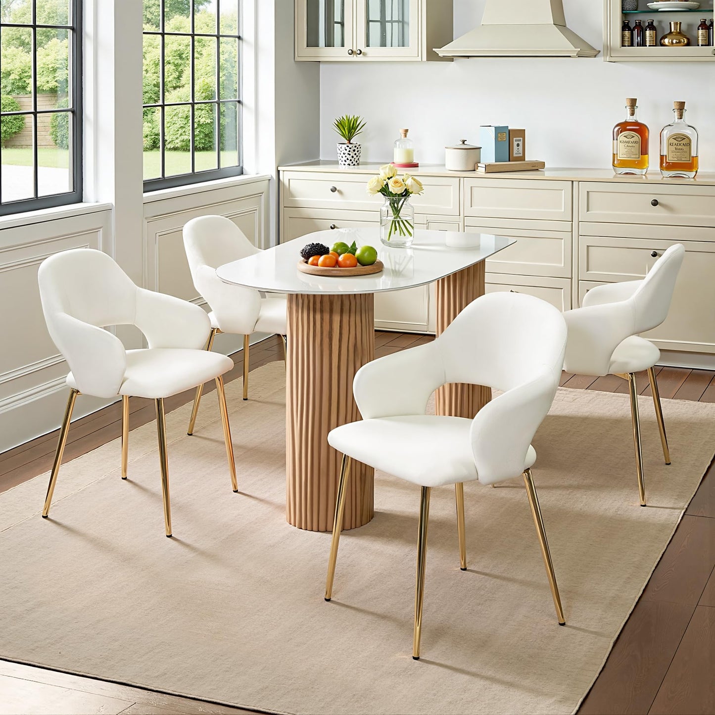 VECELO Velvet Dining Chairs Set of 4, Modern Upholstered Kitchen Chairs with Cushion, Padded Backrest and Metal Legs, White