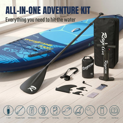 Inflatable Stand Up Paddle Board 11'×34" Extra Wide SUP, Ultra-Stable for Adults & Dog, 450lbs, Dual Chamber Pump, Fiberglass Paddle, Military Grade Dual Layer, Sea Turtle Guardian Design Deep Blue