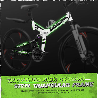 Outroad 26 Inch Folding Mountain Bike, 21 Speed Dual Disc Brake Non-Slip Folding Bikes, Full Suspension High-Carbon Steel MTB Foldable Bicycle for Adults/Women/Men, White