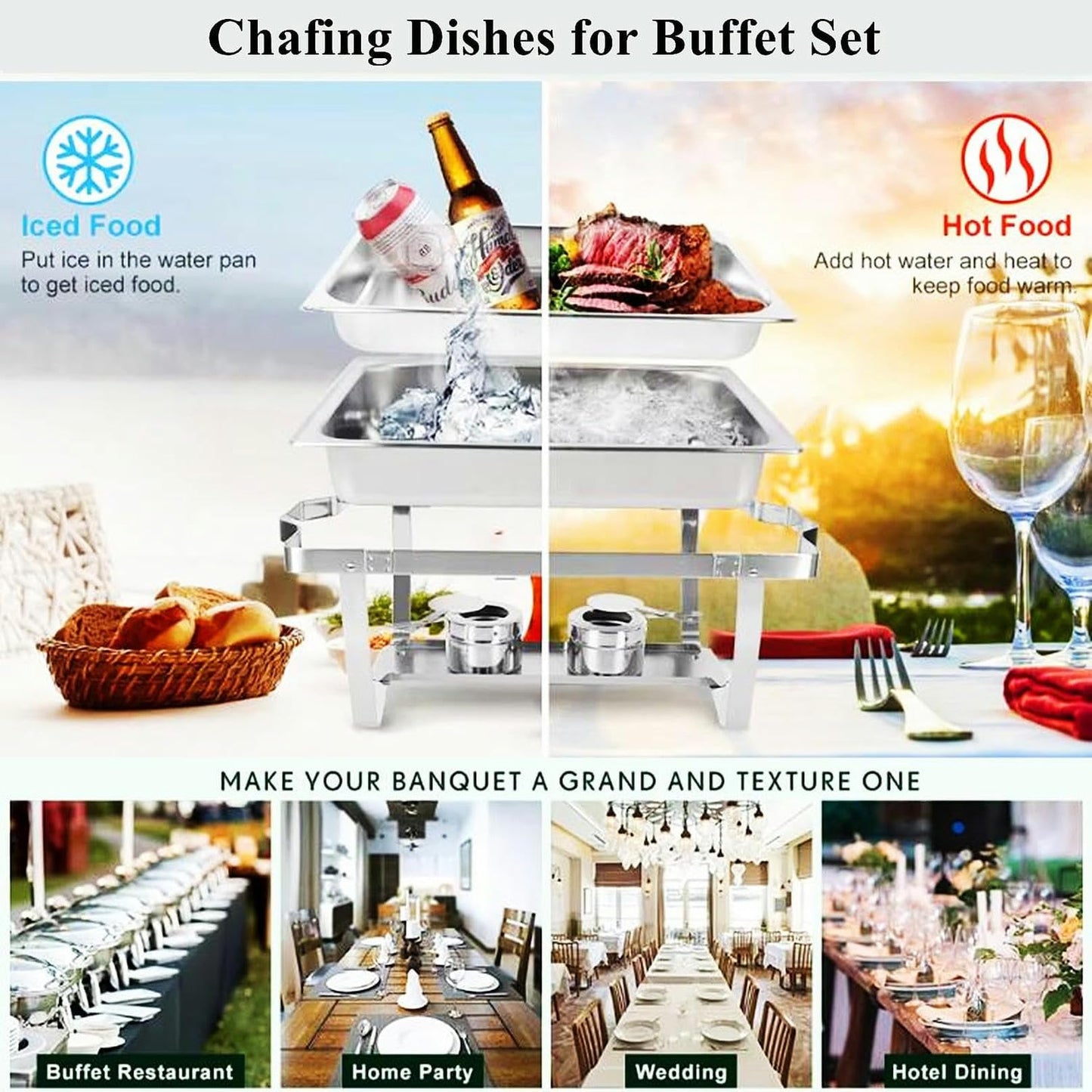 FENOKD Chafing Dish Buffet Set 2 Pack Stainless Steel Chafer for Catering, Full Size Rectangular Catering Chafer Warmer Set with Trays Pan Lid Folding Frame Stand.