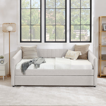 Ball & Cast Full Size Daybed with Pop up Trundle,Linen Upholstered Day Bed Frame with Channel Tufted Backrest & Armrest,Extendable Trundle Bed,Full to King Design,Easy Assembly,Black