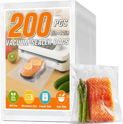 FUNFERY Vacuum Sealer Bags - Precut 200 Quart, 8" x 12" | BPA-Free for Long-Term Food Storage & Sous Vide