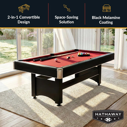 Hathaway Spartan 2-in-1 6ft Pool Table with Ping Pong Top for Game Room – With Red Felt, Engineered Wood Frame, Drop Pockets, Cues, Balls, Triangle, Chalk, Net, Paddles, Balls – Black Finish