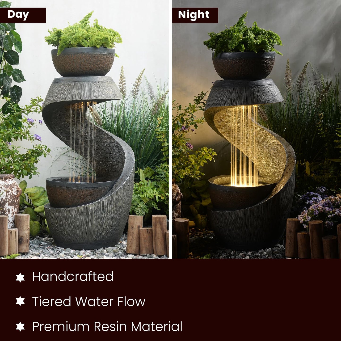 Takamota Outdoor Water Feature Patio Fountain with LED Lights, 31.9" Resin Garden Waterfall Fountain Outdoor, Modern S-Shaped Bowl Design Water Feature for Porch, Garden, Yard, Home Decor, Grey