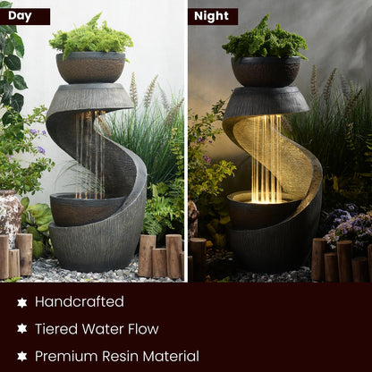 Takamota Outdoor Water Feature Patio Fountain with LED Lights, 31.9" Resin Garden Waterfall Fountain Outdoor, Modern S-Shaped Bowl Design Water Feature for Porch, Garden, Yard, Home Decor, Grey