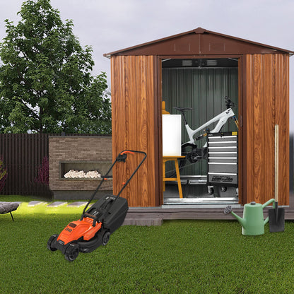 6 x 6 Ft Outdoor Metal Storage Shed with Woodgrain & Side Window, Accent Garden Shed w/Air Vents, Floor Base and Lockable Sliding Doors, Utility Tool Storage House for Backyard Lawn,Brown
