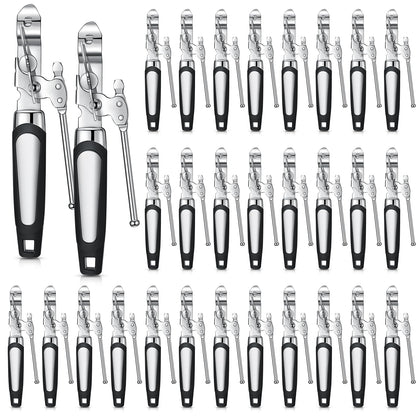 Gisafai 30 Pcs Can Opener Manual Bulk Smooth Edge with Sharp Blade and Soft Non Slip Grip Handle Heavy Duty Handheld Safety Can Opener, Black and Silver