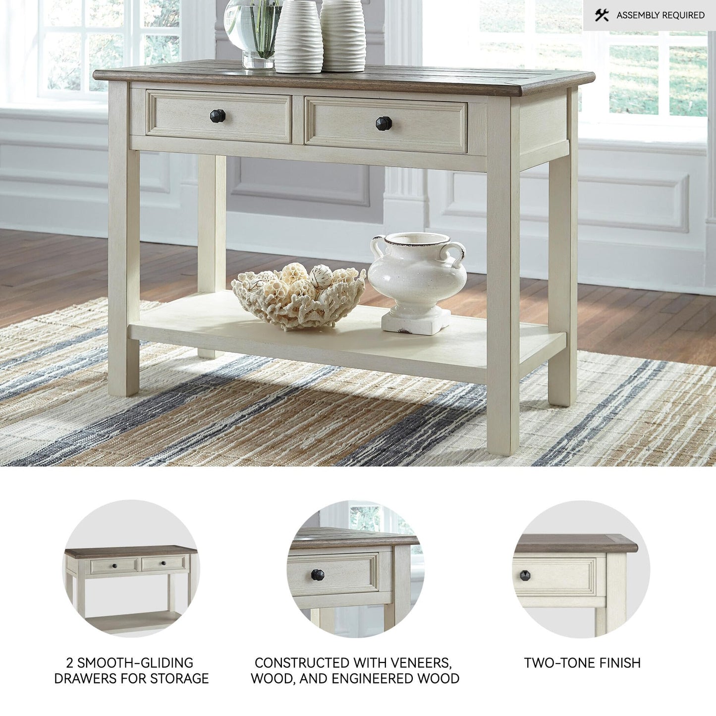 Signature Design by Ashley Bolanburg Sofa Table, Two‑Tone Wood Console With Drawers, Antique Finish With Metal Hardware, Ideal for Entryway or Living Room Display, Antique White