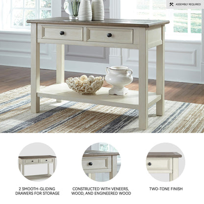 Signature Design by Ashley Bolanburg Sofa Table, Two‑Tone Wood Console With Drawers, Antique Finish With Metal Hardware, Ideal for Entryway or Living Room Display, Antique White