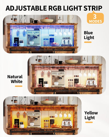 55 in Farmhouse Coffee Bar Cabinet with 3-Mode LED Light and Power Outlet - Large Kitchen Hutch with Sliding Barn Door - Wine Cabinets with Storage Drawers and Wine Glass Rack for Home and Living Rome