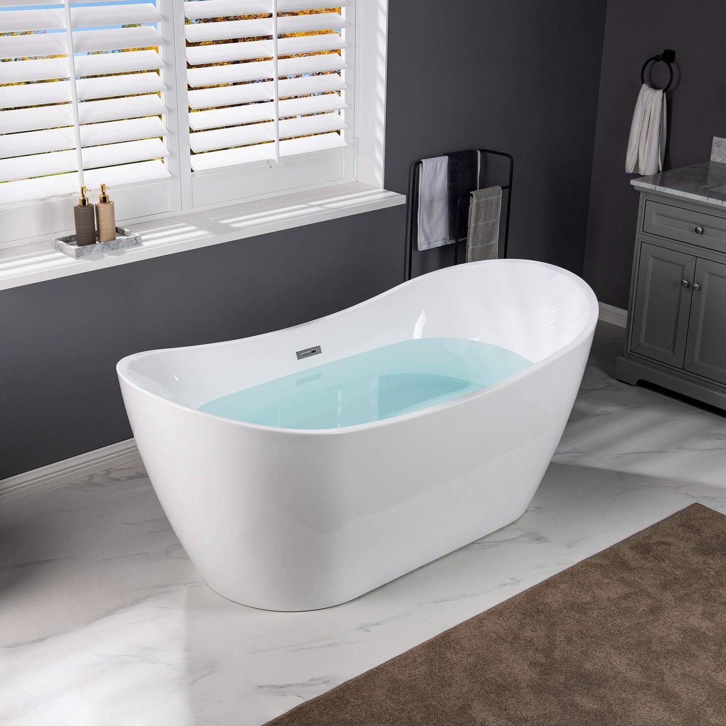 WOODBRIDGE 67" Acrylic Freestanding Bathtub Contemporary Soaking Tub, White Acrylic (Brushed Nickel Drain/Overflow) with Pillow