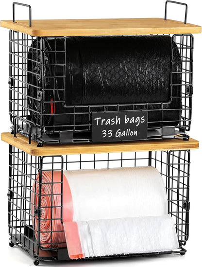 1 Pack Counter Stackable Storage Trash Bag Baskets with Bamboo Top, Large & Standard Trash, Garbage Bag Holder