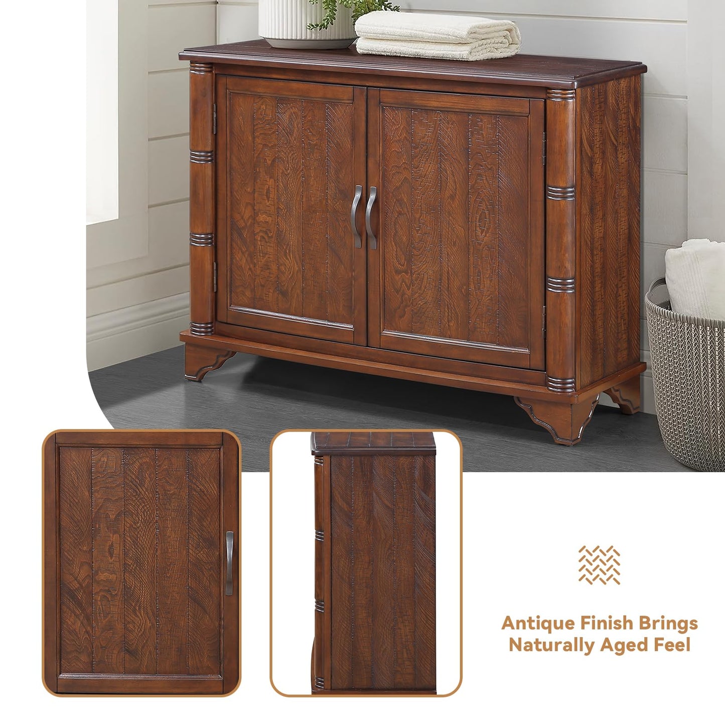 YWUFUART 40" Solid Wood Buffet Storage Cabinet,Vintage Console Table with Adjustable Shelf,Retro Sofa Table with Solid Pine Wood Legs for Living Room,Entryway,Light Espresso