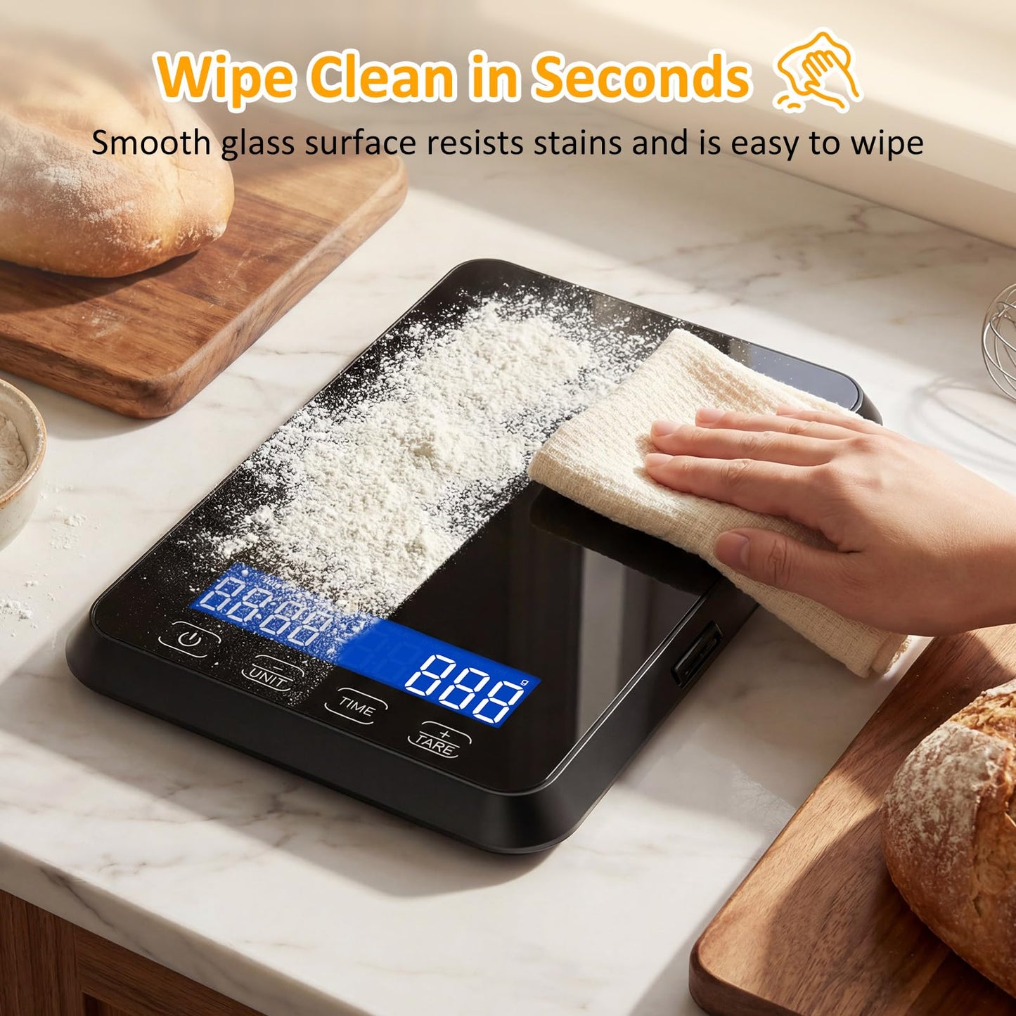 Letron Food Scale, 33 lb / 0.1 oz High Precision Kitchen Scale for Sourdough Bread, Built-in 7 Units, Timing & Tare Function, Rechargeable Digital Kitchen Scale for Food, Baking, Cooking