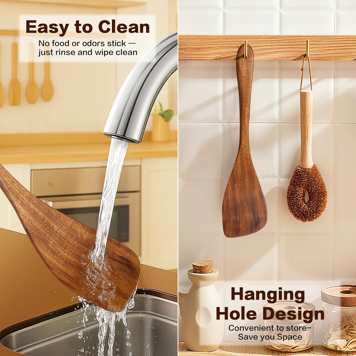 Jilla-hla Wooden Spatula Nonstick Turner Acacia Wood, Right Long Handle Flat Frying Spatulas Handmade for Mother Wife Grandma Her Kitchen Gift, Ideal Cookware Utensils for Cooking Eggs, Fish, Pancakes