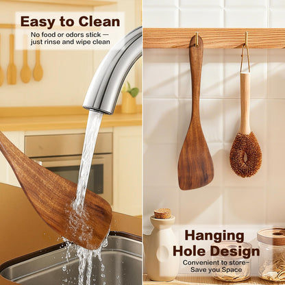 Jilla-hla Wooden Spatula Nonstick Turner Acacia Wood, Right Long Handle Flat Frying Spatulas Handmade for Mother Wife Grandma Her Kitchen Gift, Ideal Cookware Utensils for Cooking Eggs, Fish, Pancakes