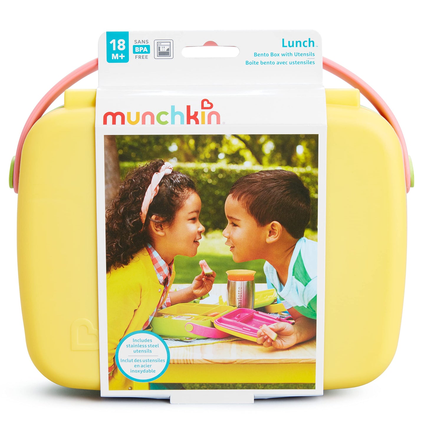Munchkin Lunch Bento Box for Kids and Toddlers, Includes Stainless Steel Utensils, BPA-Free, 18 Months and Up, Pink/Green/Yellow