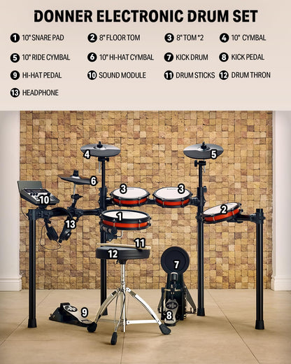 Donner Electronic Drum Set with Bluetooth, Electric Drum Kit with Throne, Headphones, Drumsticks, Melodics Lessons, 450 Sounds E Drum with USB MIDI, 5 Pads and 3 Cymbals Digital Drum, DED-200(2026)
