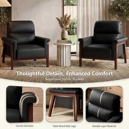 STHOUYN Oversized Leather Accent Chair, Mid Century Modern Office Arm Chair with Solid Wood Legs & High Backrest, Comfy Upholstered Side Sofa Chair for Living Room, Waiting Room, Bedroom (2, Black)