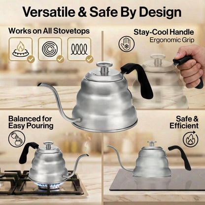 Barista Warrior Gooseneck Kettle with Thermometer - 1L Pour Over Coffee & Tea Kettle, 18/8 Stainless Steel Gooseneck Kettle Pot, Precision Pour Drip Spout, Suitable for All-Stoves (34 fl oz)