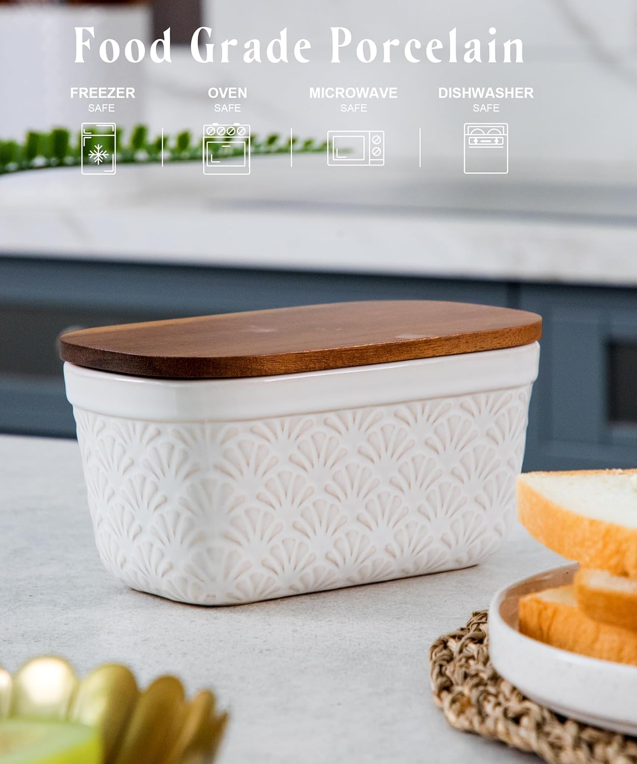 Countertop, Nucookery Ceramic Butter Dish, Embossed Butter Keeper with Wood Lid for Butter Holder and Container