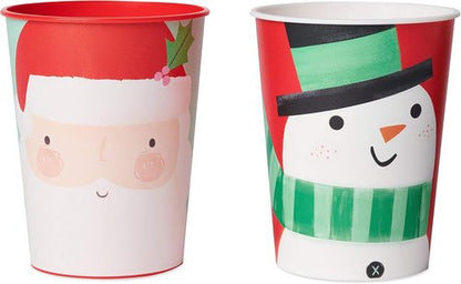 American Greetings Reusable Plastic Cups - 16 oz. Holiday Design with Santa & Snowman | 8-Count Set