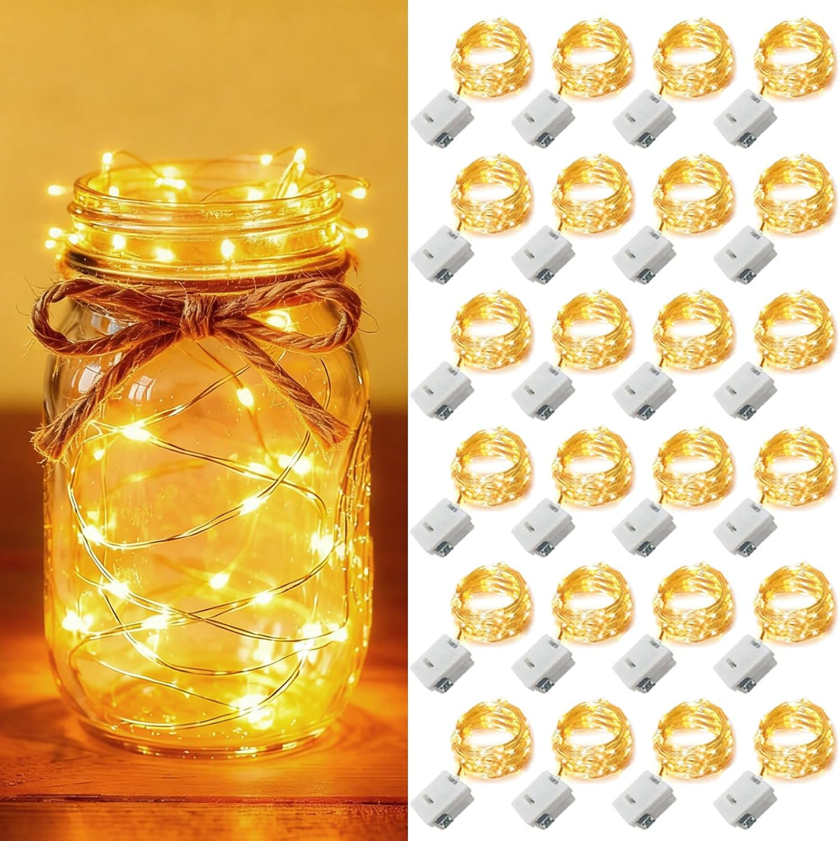 24 Pack [3 7ft 20 Fairy Lights Battery Operated Modes] LED Mini Twinkle String Lights Waterproof Silver Wire Firefly