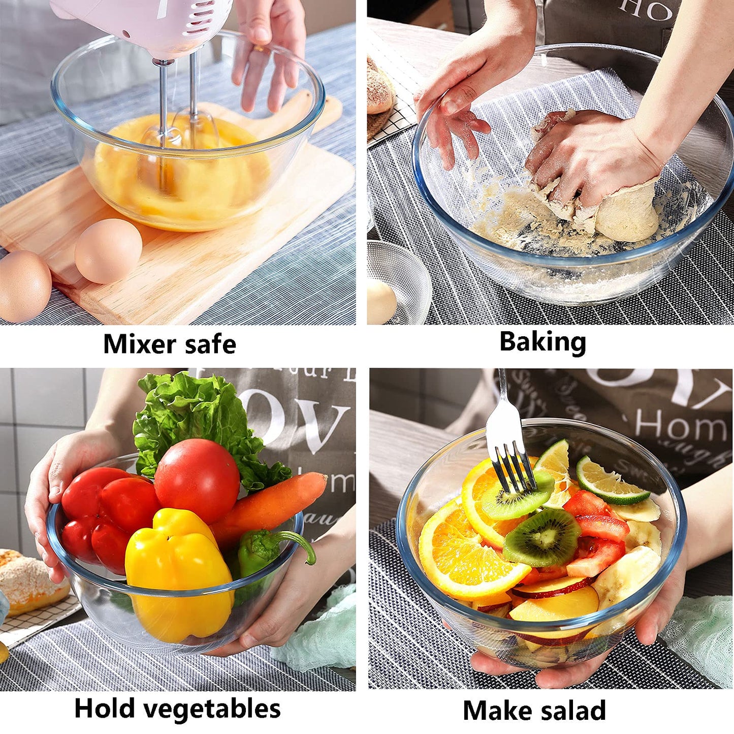 Homwin Glass Mixing Bowl Set of 3 for Kitchen, Baking, Prepping, Serving, Cooking 1.1QT, 2.5QT, 4.2QT Large Salad Bowl Set, High Brosilicate Bowl Set, Stackable, Non-toxic, Microwavable, Great Gift