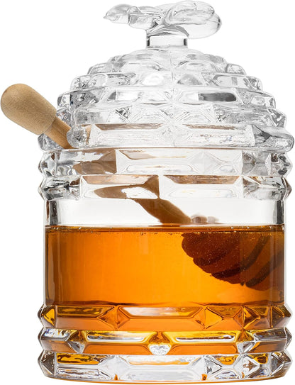 14oz Crystal Bee Honey Dish Jar with Dipper and Lid Elegant Glass Beehive Honey Pot for Rosh Hashanah, Holidays