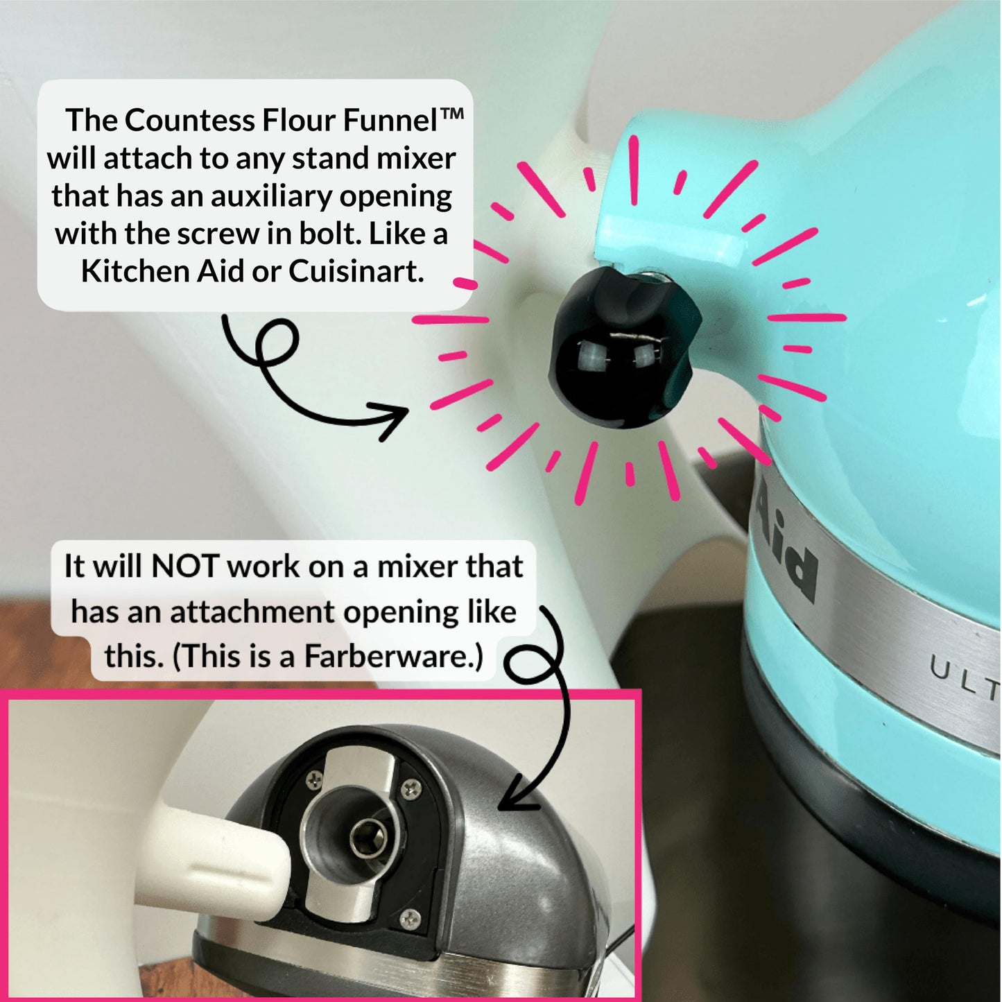 Countess Flour Funnel™ - Stand Mixer Attachment by The Cookie Countess (White)