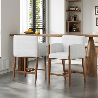 Merax Fabric Upholstered Solid Wood Counter Stools Set of 2, 24" Seat Height Counter Bar Stools with Backs & Arms, Modern Rustic Barstools for Kitchen Island Dining Room, Walnut