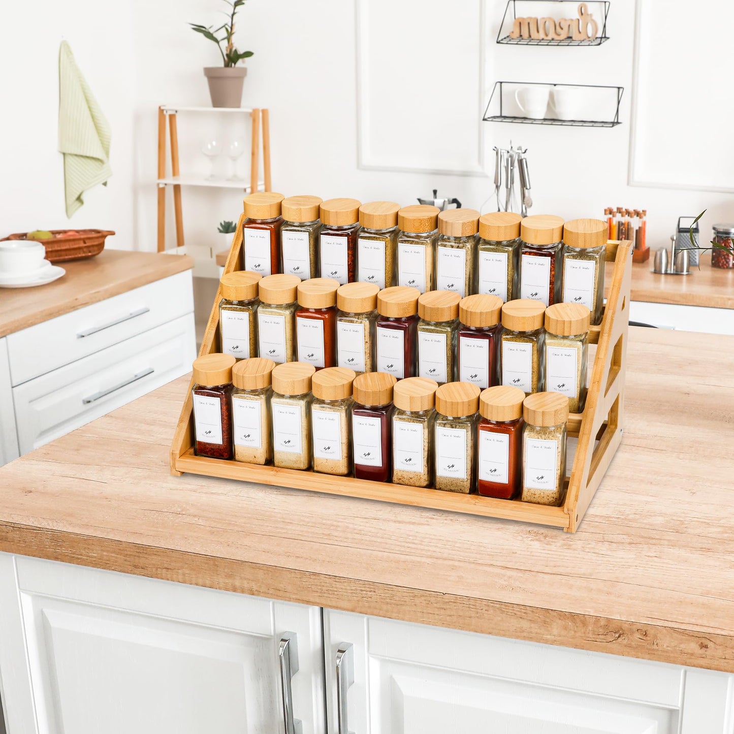 MNADSFKJ Spice Rack, Spice Organizer -3 Tier Bamboo Spice Racks, Solution for Spice Storage in Kitchens, Countertops，Storage Rooms and Other Places