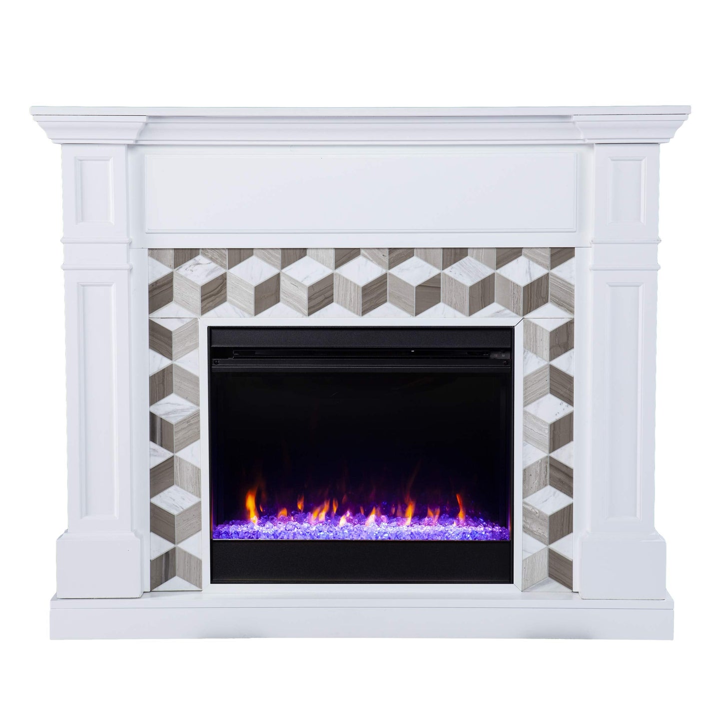 SEI Furniture Darvingmore Color Changing Fireplace w/Marble Surround, White/Brown