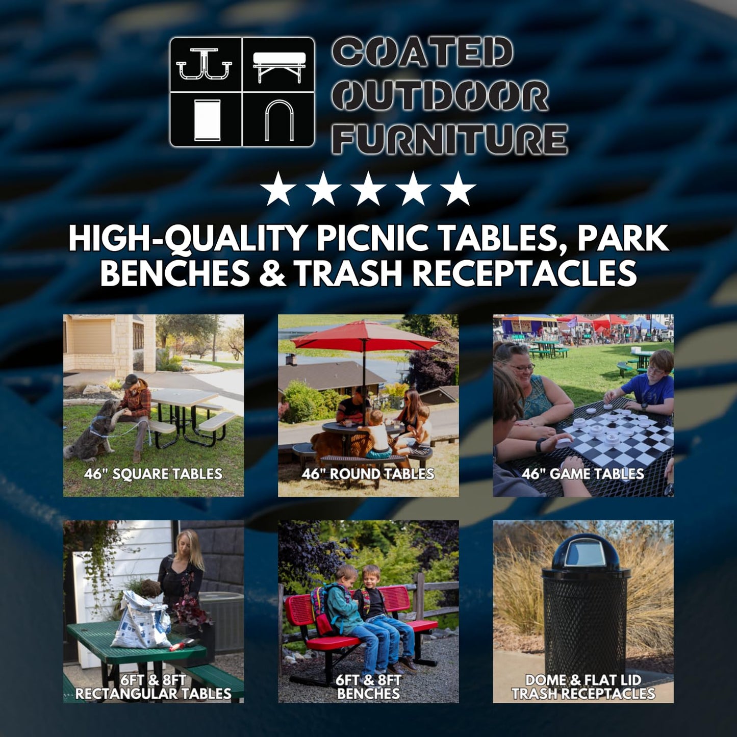 COATEDOUTDOORFURNITURE Coated Outdoor Furniture Heavy-Duty Outdoor Bench Thermoplastic Coated, Expanded Metal, Commercial-Grade Seating, Made in America (Surface with Back, 6 Ft, Black)