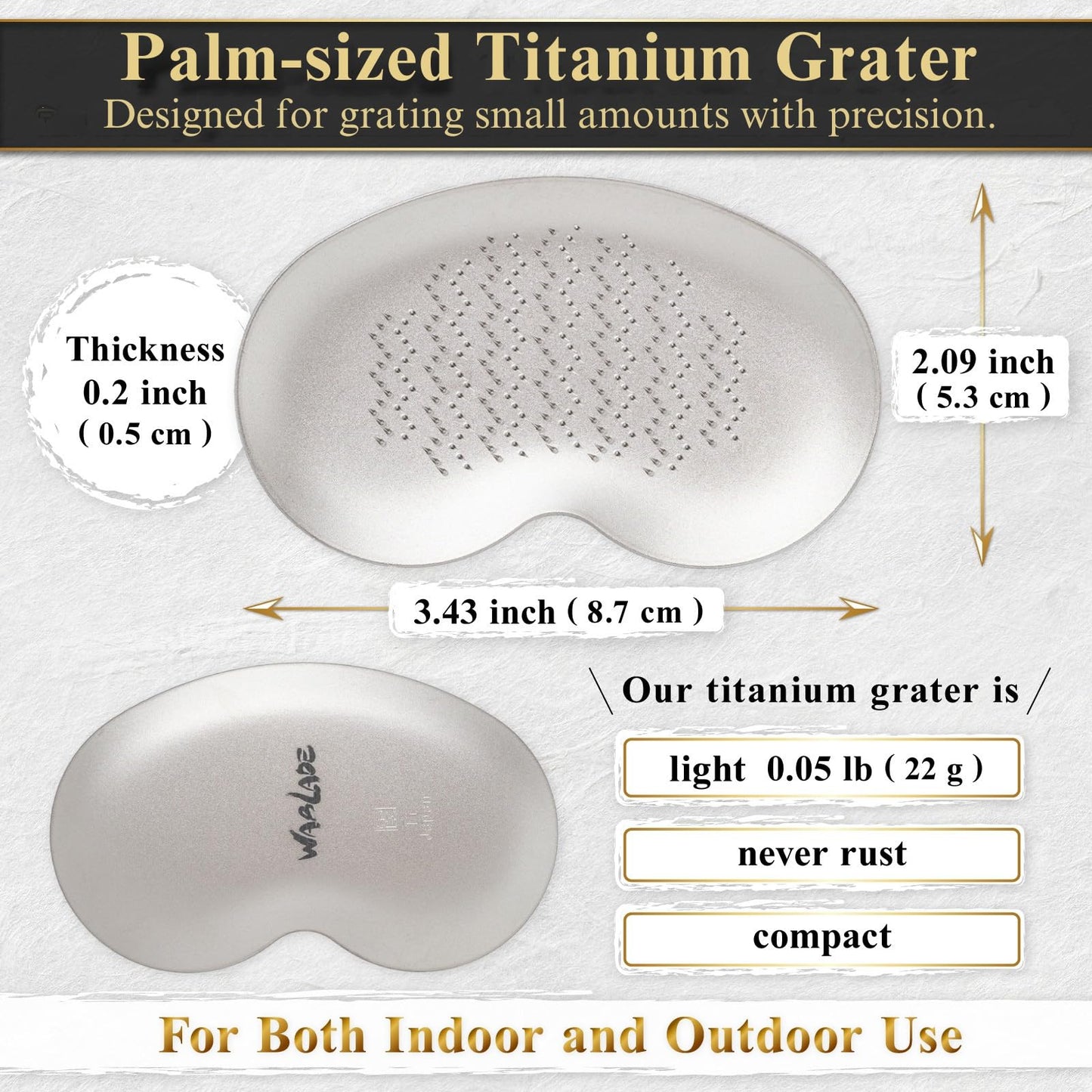 Wablade Japanese Titanium Grater – Made in Japan, 3.4 Inches Fine Grating Plate for Garlic, Ginger & Wasabi, Compact Precision Kitchen Tool Designed for Everyday Food Preparation