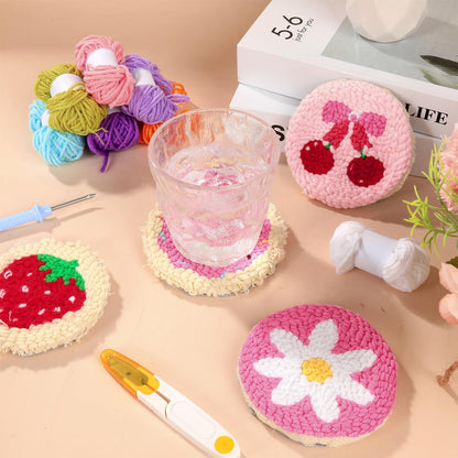 Pink Punch Needle Coaster Kit Strawberry Bow Floral Pattern Coasters Easy Punch Needle Embroidery Kit for Adults Beginner DIY Tufted Pads with Adhesive Felt Yarns Tools Embroidery Hoop Instruction