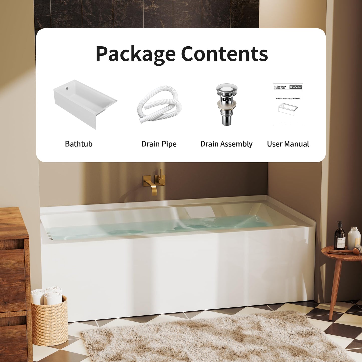 DeerValley 60" x 30" Alcove Acrylic Bathtub, Left Drain Integrated Apron Soaking Bath Tub, Ergonomic Deep Soak Tub with Pop-Up Drain and Integrated Overflow System, White, DV-1T0195L