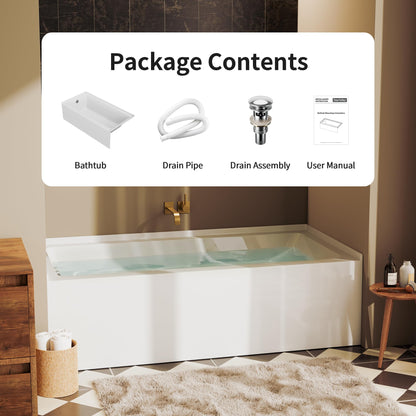 DeerValley 60" x 30" Alcove Acrylic Bathtub, Left Drain Integrated Apron Soaking Bath Tub, Ergonomic Deep Soak Tub with Pop-Up Drain and Integrated Overflow System, White, DV-1T0195L