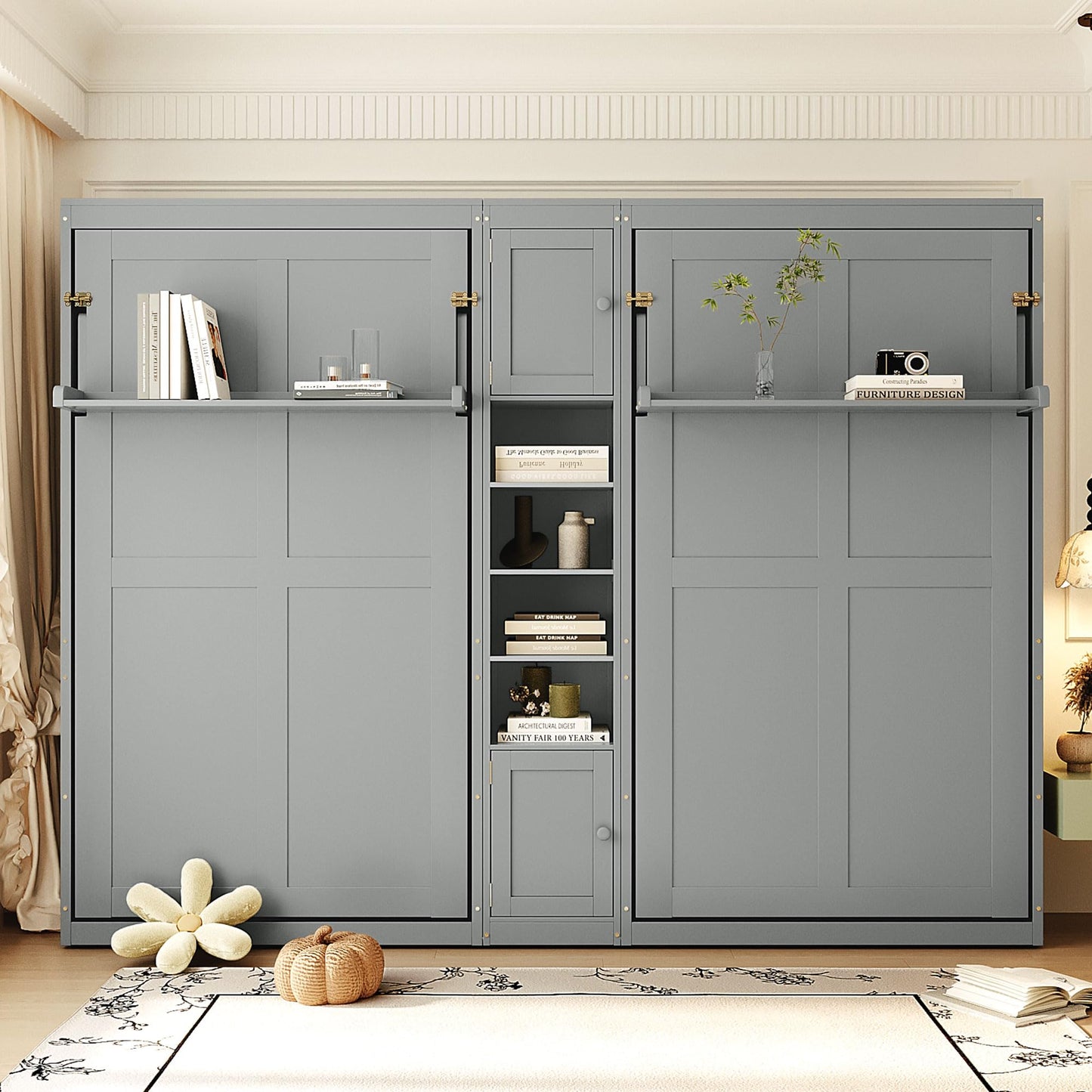 Merax Twin Murphy Bed with Storage Cabinets and Shelves, Dual Twin Wall Bed with Convertible Shelf Legs, Space Saving Foldable Bed for Small Rooms, Guest Room, Gray