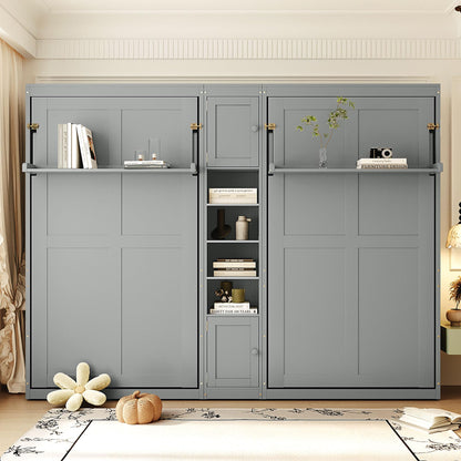 Merax Twin Murphy Bed with Storage Cabinets and Shelves, Dual Twin Wall Bed with Convertible Shelf Legs, Space Saving Foldable Bed for Small Rooms, Guest Room, Gray